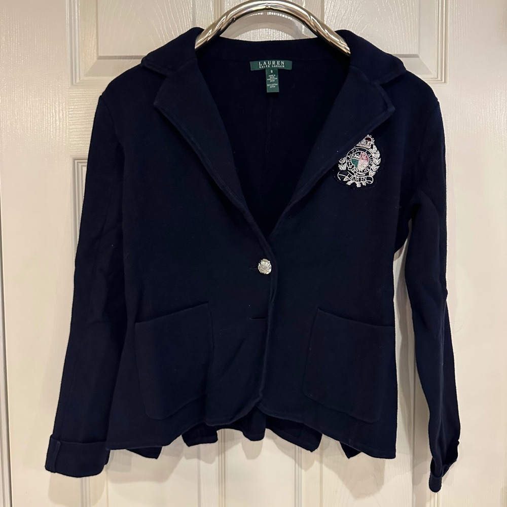 Lauren Ralph Lauren Navy Blue Knit Crest Blazer Jacket Small Preppy